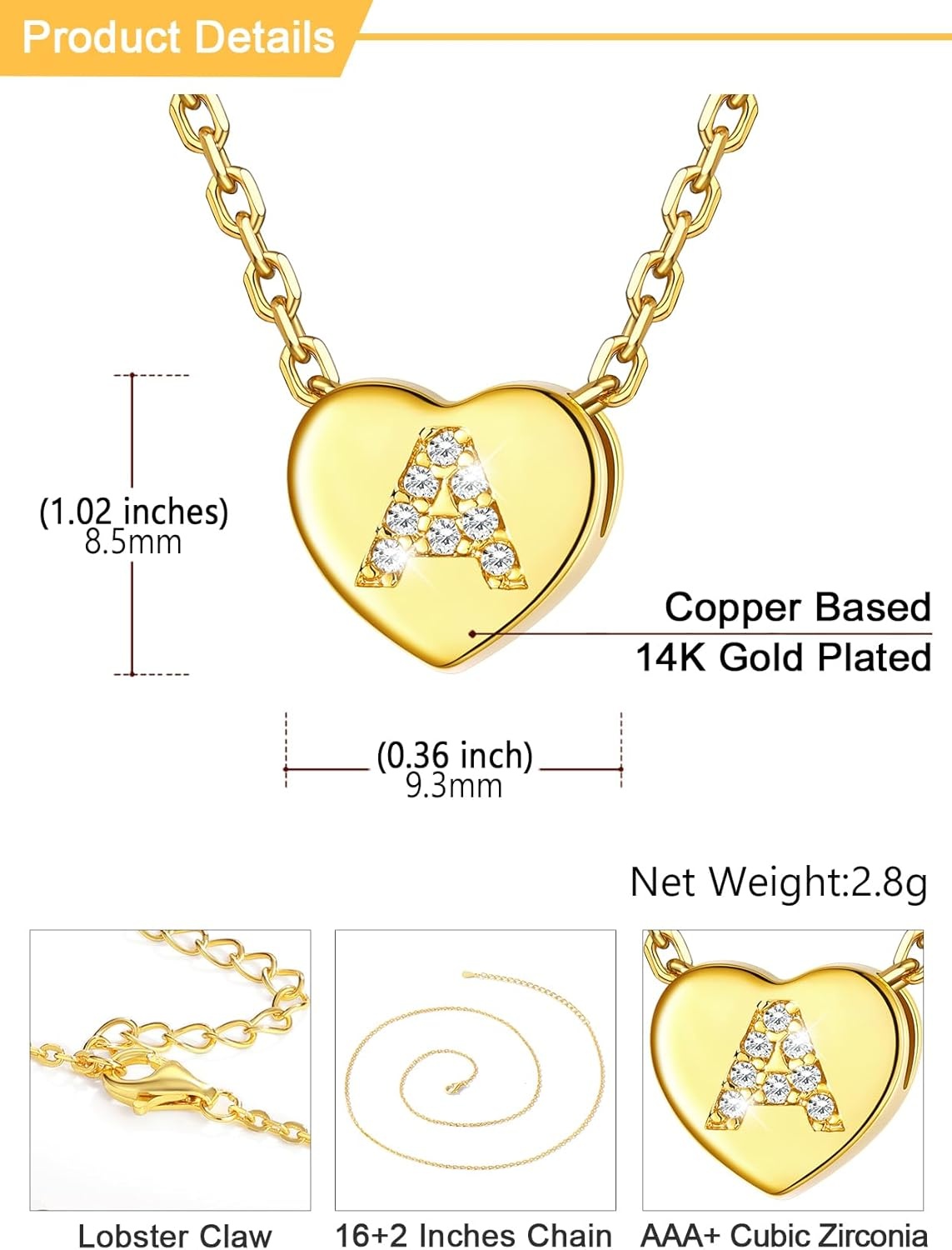 imageU7 Initial Necklace for Women 14K Gold Heart Pendant Necklace with CZ AZ Letter Dainty Gold Necklace Tiny Initial Necklaces Personalized Name Necklace for Mom Wife FriendA