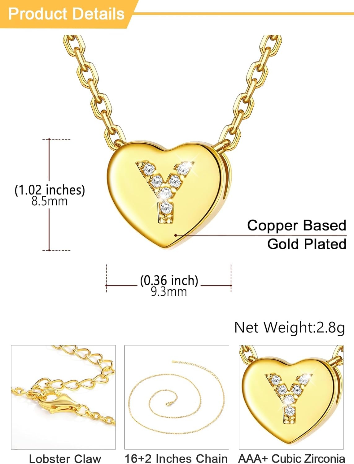 imageU7 Initial Necklace for Women 14K Gold Heart Pendant Necklace with CZ AZ Letter Dainty Gold Necklace Tiny Initial Necklaces Personalized Name Necklace for Mom Wife FriendY