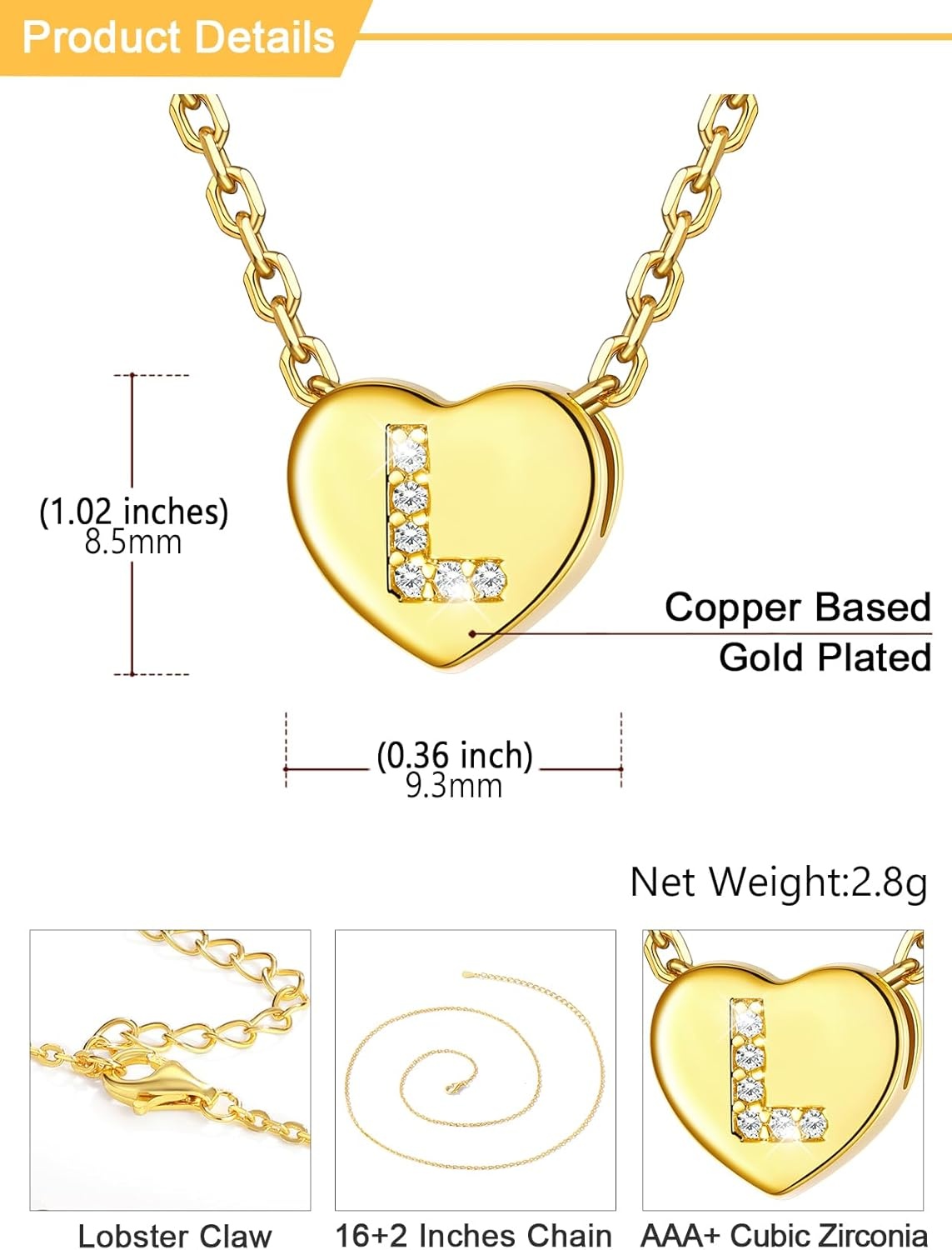 imageU7 Initial Necklace for Women 14K Gold Heart Pendant Necklace with CZ AZ Letter Dainty Gold Necklace Tiny Initial Necklaces Personalized Name Necklace for Mom Wife FriendL