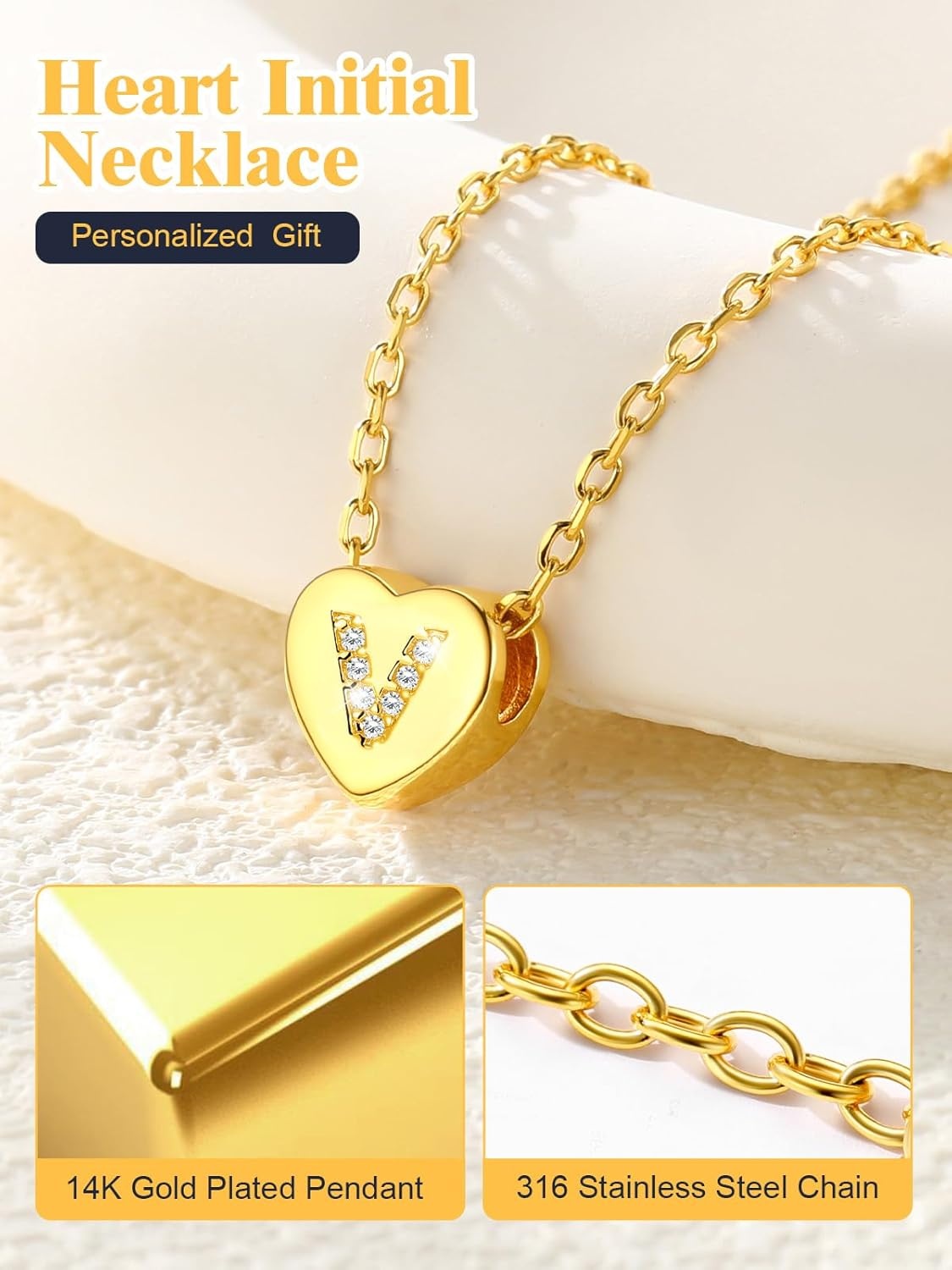 imageU7 Initial Necklace for Women 14K Gold Heart Pendant Necklace with CZ AZ Letter Dainty Gold Necklace Tiny Initial Necklaces Personalized Name Necklace for Mom Wife FriendV