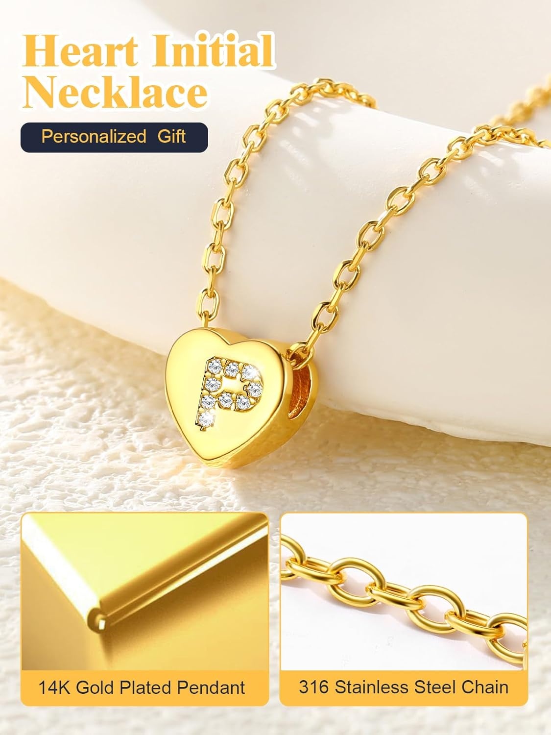 imageU7 Initial Necklace for Women 14K Gold Heart Pendant Necklace with CZ AZ Letter Dainty Gold Necklace Tiny Initial Necklaces Personalized Name Necklace for Mom Wife FriendP