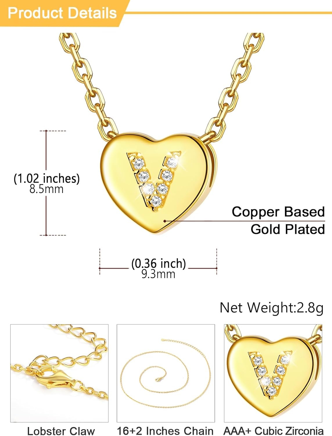 imageU7 Initial Necklace for Women 14K Gold Heart Pendant Necklace with CZ AZ Letter Dainty Gold Necklace Tiny Initial Necklaces Personalized Name Necklace for Mom Wife FriendV