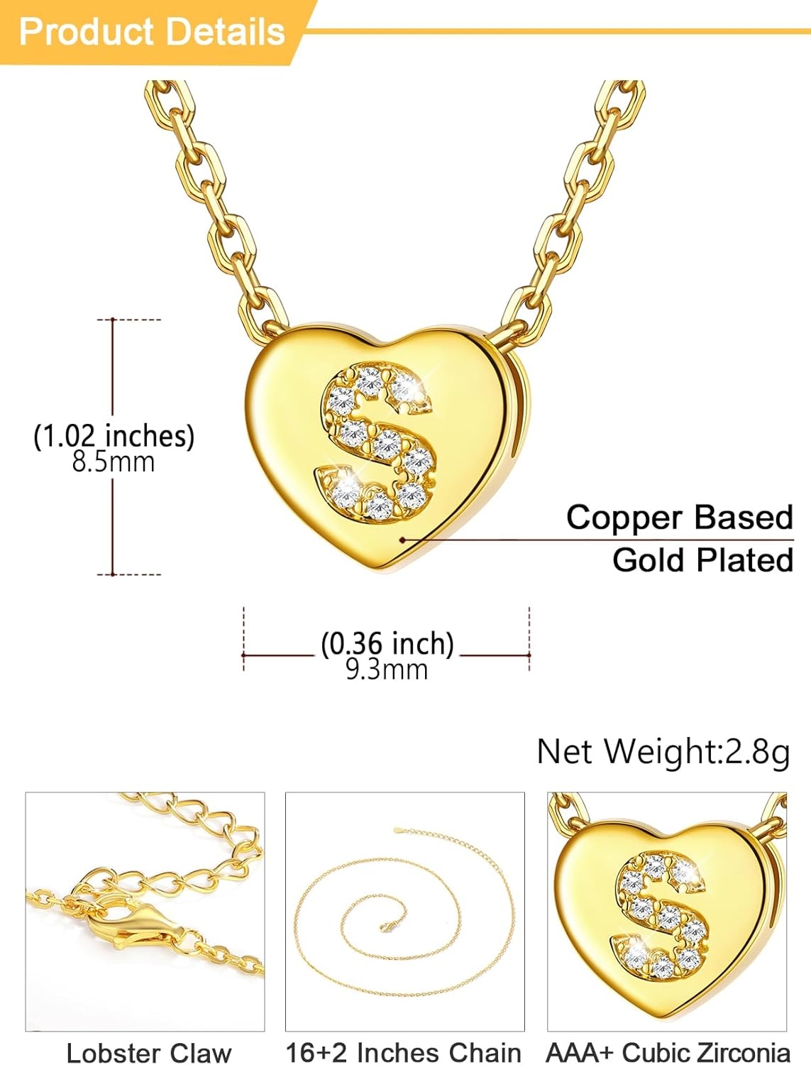 imageU7 Initial Necklace for Women 14K Gold Heart Pendant Necklace with CZ AZ Letter Dainty Gold Necklace Tiny Initial Necklaces Personalized Name Necklace for Mom Wife FriendS