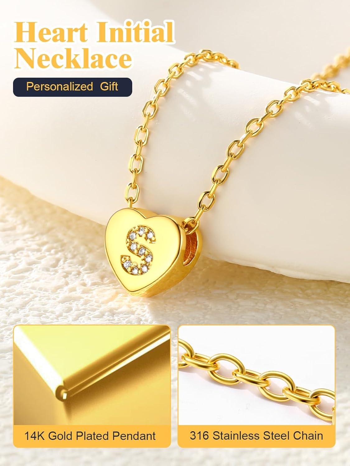 imageU7 Initial Necklace for Women 14K Gold Heart Pendant Necklace with CZ AZ Letter Dainty Gold Necklace Tiny Initial Necklaces Personalized Name Necklace for Mom Wife FriendS