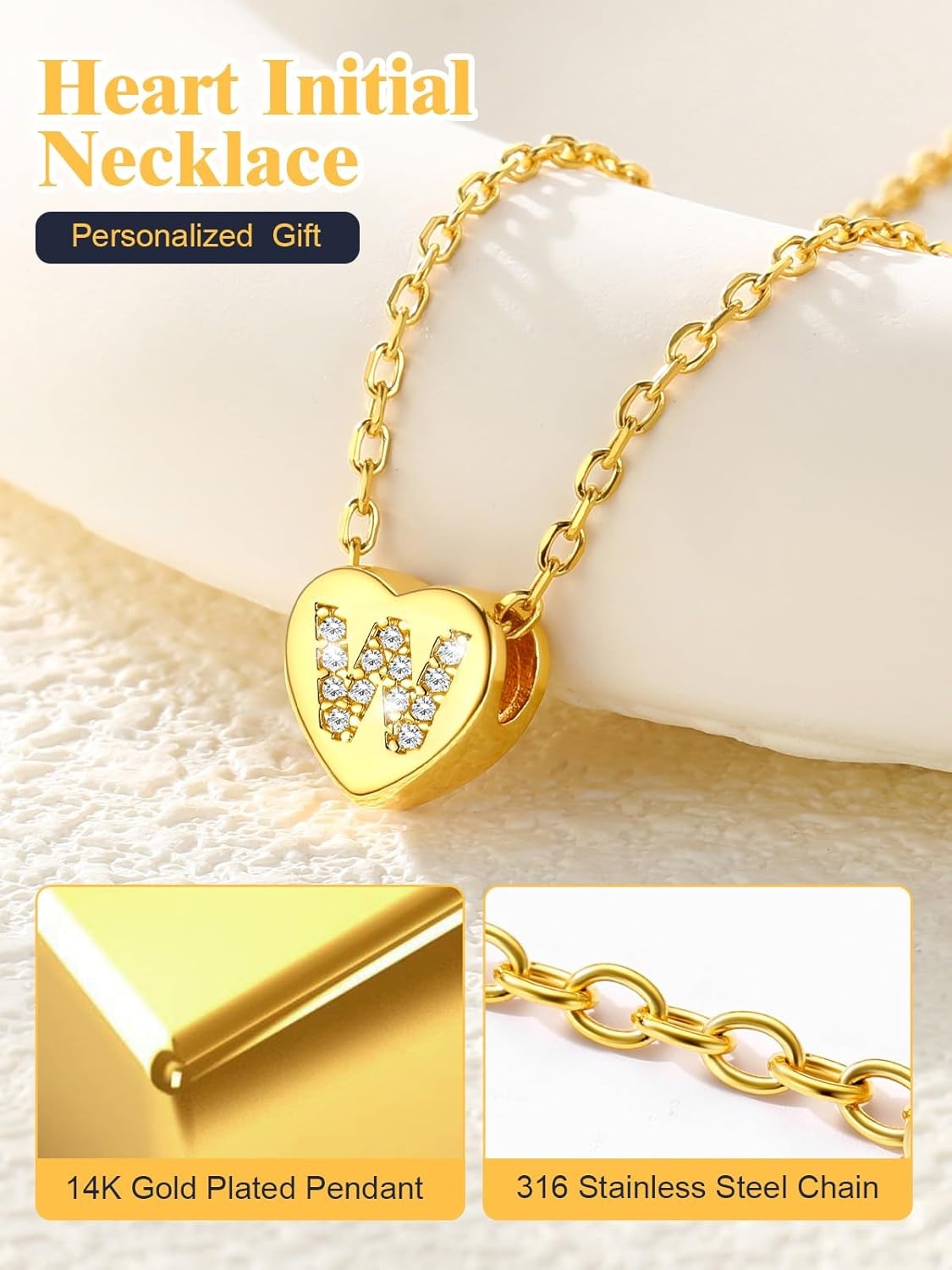 imageU7 Initial Necklace for Women 14K Gold Heart Pendant Necklace with CZ AZ Letter Dainty Gold Necklace Tiny Initial Necklaces Personalized Name Necklace for Mom Wife FriendW