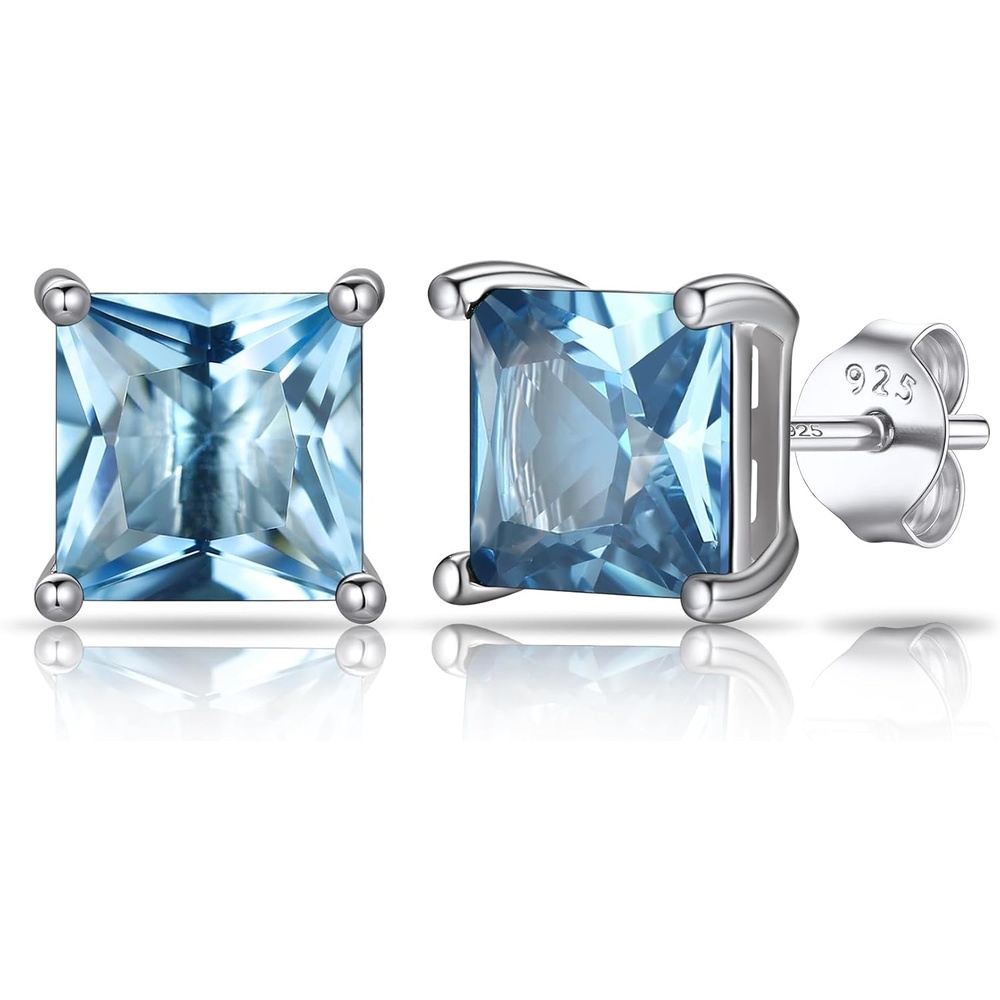 imageSILVERCUTE 925 Sterling Silver 2ct Birthstone Stud EarringsHypoallergenic RoundHeartSquare Birthstone Earrings for Women Birthday Christmas Jewelry03MarchAquamarineSquare
