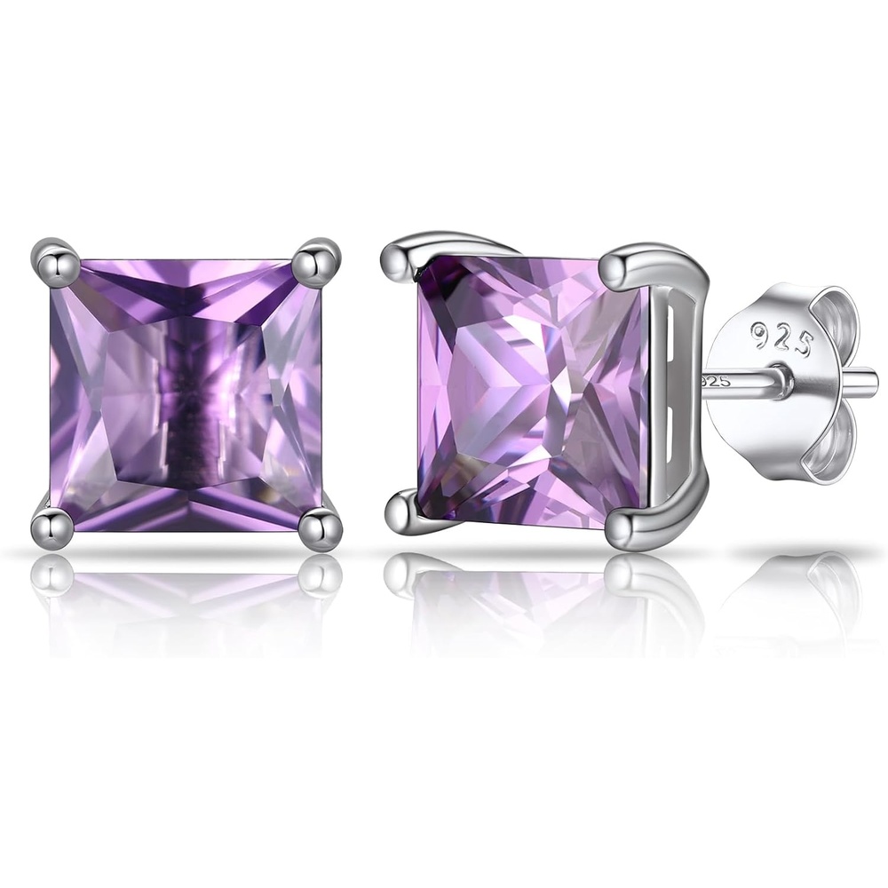 imageSILVERCUTE 925 Sterling Silver 2ct Birthstone Stud EarringsHypoallergenic RoundHeartSquare Birthstone Earrings for Women Birthday Christmas Jewelry06JuneAlexandriteSquare