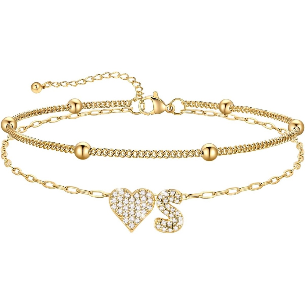 imageU7 Heart Initial Ankle Bracelets for Women Waterproof Silver14K Gold Plated Anklets CZ Initial Heart Anklets Stainless Steel Summer Beach Ankle Adjustable 85105Gold
