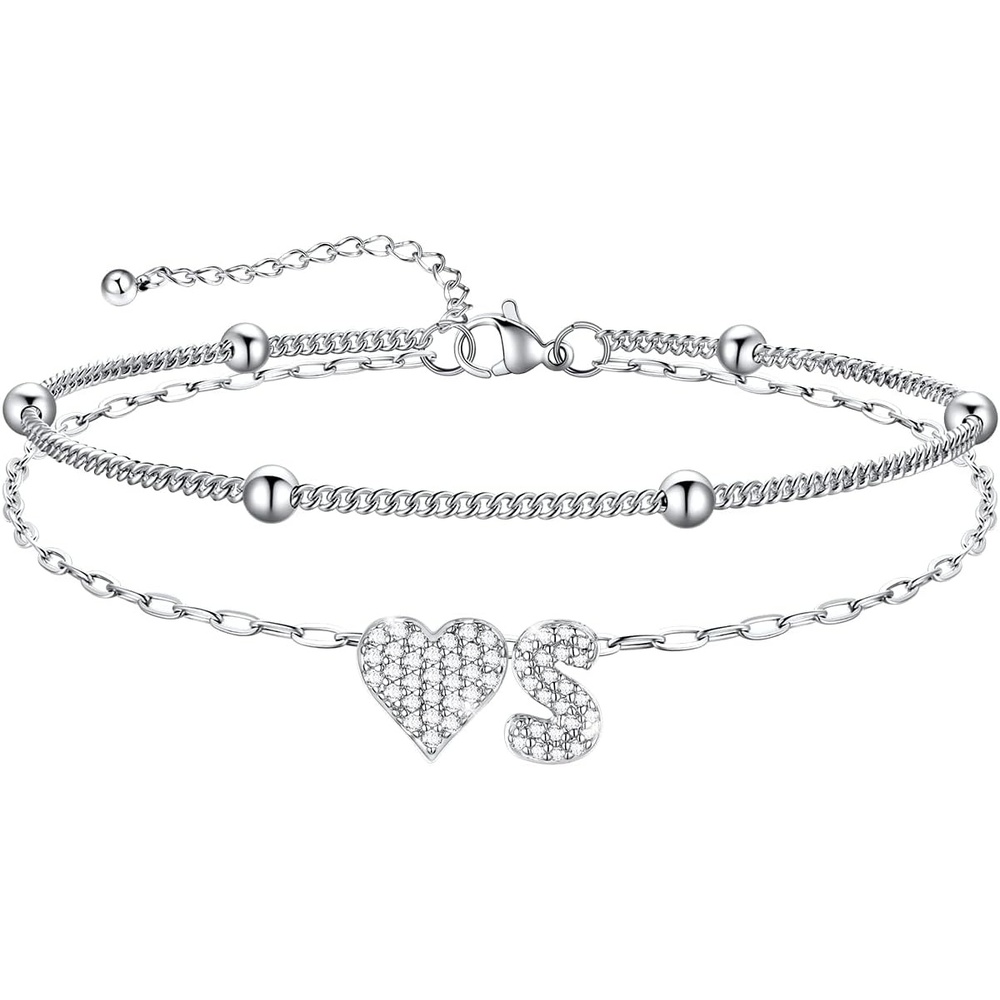 imageU7 Heart Initial Ankle Bracelets for Women Waterproof Silver14K Gold Plated Anklets CZ Initial Heart Anklets Stainless Steel Summer Beach Ankle Adjustable 85105Silver