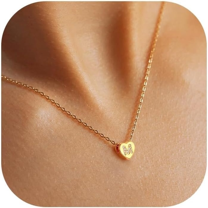 imageU7 Initial Necklace for Women 14K Gold Heart Pendant Necklace with CZ AZ Letter Dainty Gold Necklace Tiny Initial Necklaces Personalized Name Necklace for Mom Wife FriendM