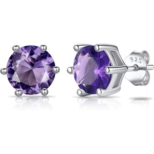 SILVERCUTE 925 Sterling Silver 2ct Birthstone Stud Earrings,Hypoallergenic Round/Heart/Square Birthstone Earrings for Women Birthday Christmas Jewelry(02.February(Amethyst)-Round)