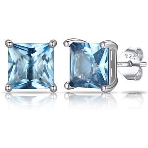 SILVERCUTE 925 Sterling Silver 2ct Birthstone Stud Earrings,Hypoallergenic Round/Heart/Square Birthstone Earrings for Women Birthday Christmas Jewelry(03.March(Aquamarine)-Square)