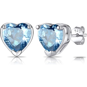 SILVERCUTE 925 Sterling Silver 2ct Birthstone Stud Earrings,Hypoallergenic Round/Heart/Square Birthstone Earrings for Women Birthday Christmas Jewelry(03.March(Aquamarine)-Heart)