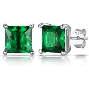 SILVERCUTE 925 Sterling Silver 2ct Birthstone Stud Earrings,Hypoallergenic Round/Heart/Square Birthstone Earrings for Women Birthday Christmas Jewelry(05.May(Emerald)-Square)