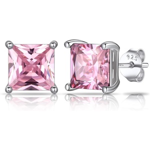 SILVERCUTE 925 Sterling Silver 2ct Birthstone Stud Earrings,Hypoallergenic Round/Heart/Square Birthstone Earrings for Women Birthday Christmas Jewelry(10.October(Pink Tourmaline)-Square)