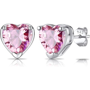 SILVERCUTE 925 Sterling Silver 2ct Birthstone Stud Earrings,Hypoallergenic Round/Heart/Square Birthstone Earrings for Women Birthday Christmas Jewelry(10.October(Pink Tourmaline)-Heart)