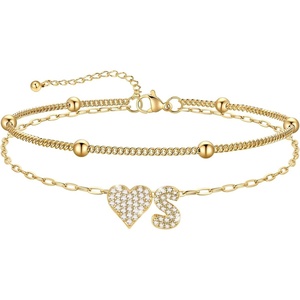 U7 Heart Initial Ankle Bracelets for Women Waterproof, Silver/14K Gold Plated Anklets CZ Initial Heart Anklets Stainless Steel Summer Beach Ankle Adjustable 8.5″-10.5″(Gold)