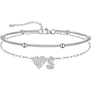 U7 Heart Initial Ankle Bracelets for Women Waterproof, Silver/14K Gold Plated Anklets CZ Initial Heart Anklets Stainless Steel Summer Beach Ankle Adjustable 8.5″-10.5″(Silver)