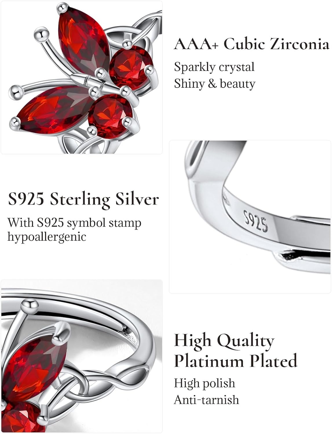 image:image925 Sterling Silver Butterfly RingAdjustable Silver Birthstone Rings for WomenDainty Butterfly Stackable Rings Gifts for Her01JanuaryGarnetButterfly