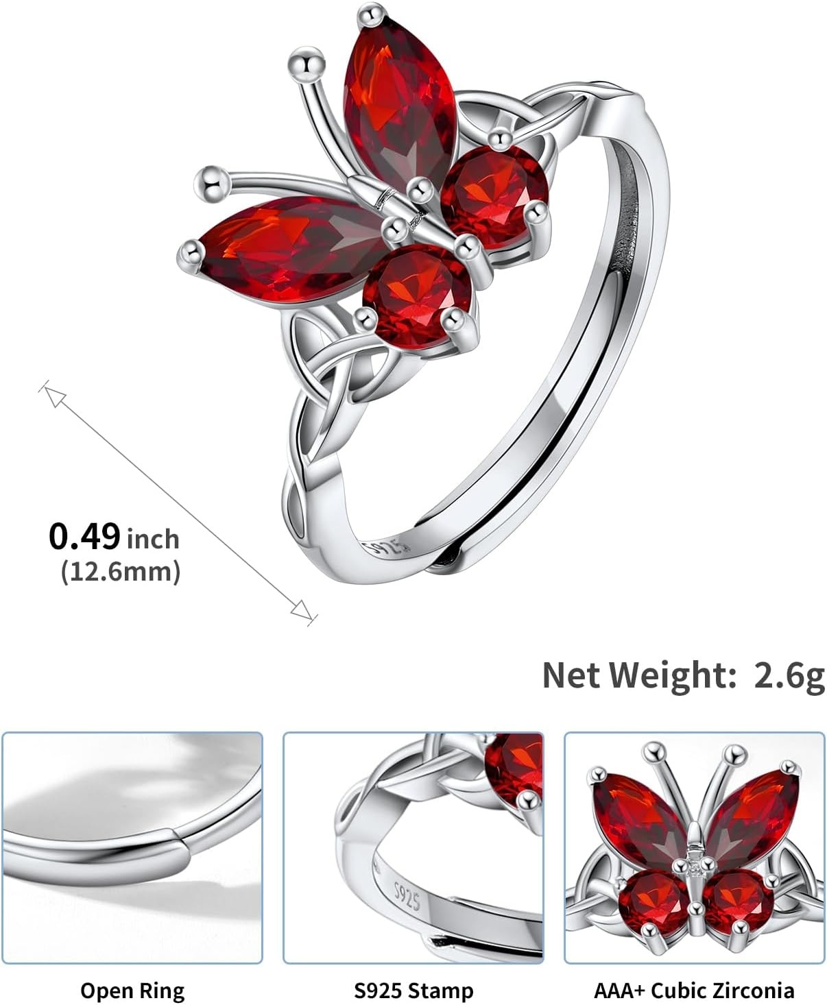 image:image925 Sterling Silver Butterfly RingAdjustable Silver Birthstone Rings for WomenDainty Butterfly Stackable Rings Gifts for Her01JanuaryGarnetButterfly