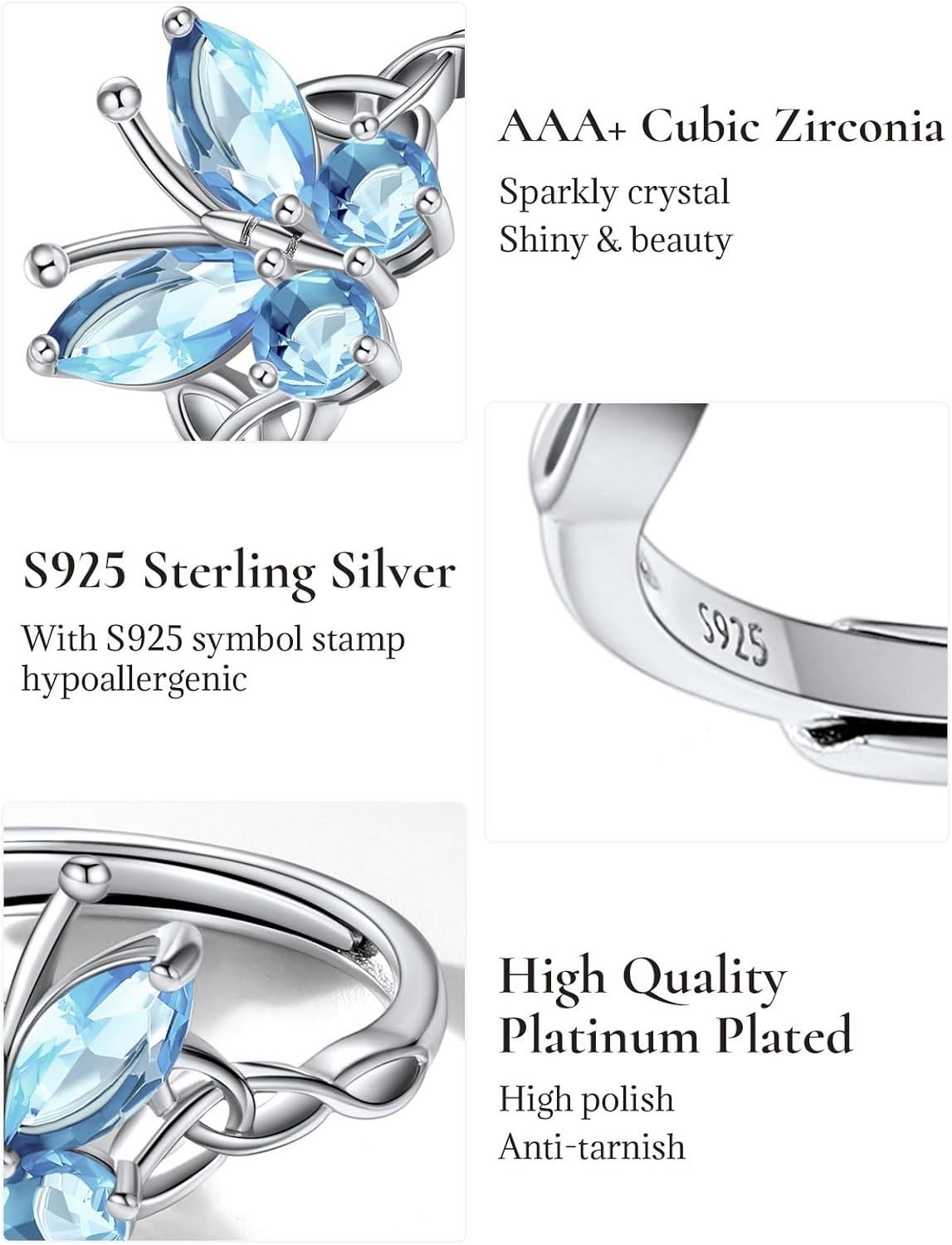 image:image925 Sterling Silver Butterfly RingAdjustable Silver Birthstone Rings for WomenDainty Butterfly Stackable Rings Gifts for Her03MarchAquamarineButterfly