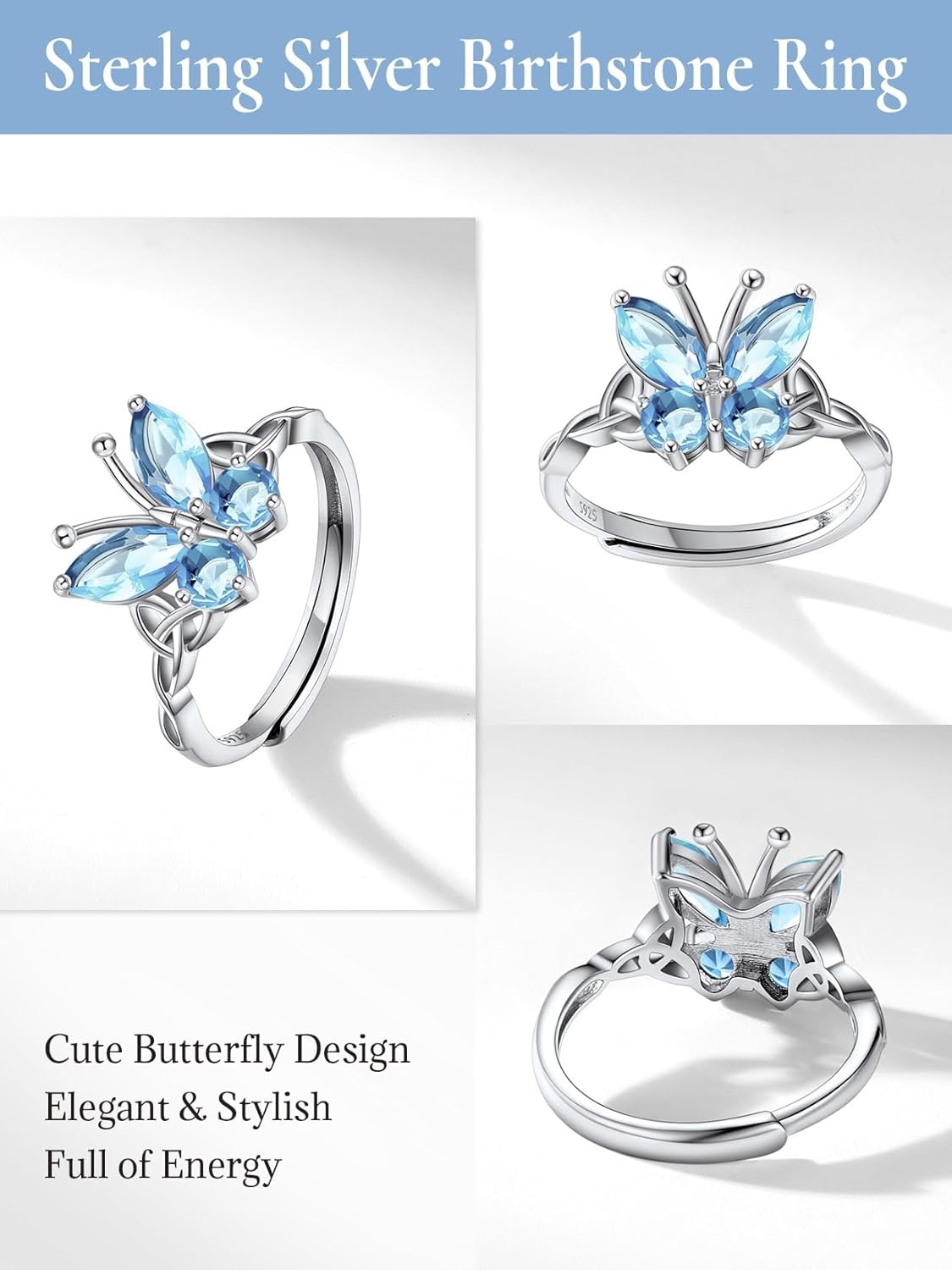 image:image925 Sterling Silver Butterfly RingAdjustable Silver Birthstone Rings for WomenDainty Butterfly Stackable Rings Gifts for Her03MarchAquamarineButterfly