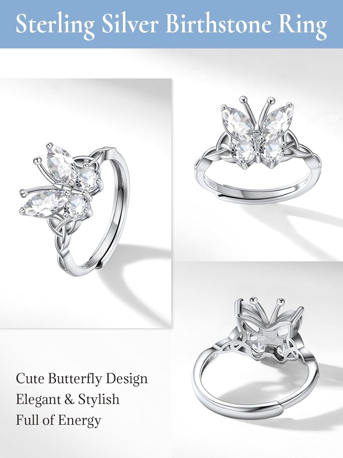 image:image925 Sterling Silver Butterfly RingAdjustable Silver Birthstone Rings for WomenDainty Butterfly Stackable Rings Gifts for Her04AprilDiamondButterfly