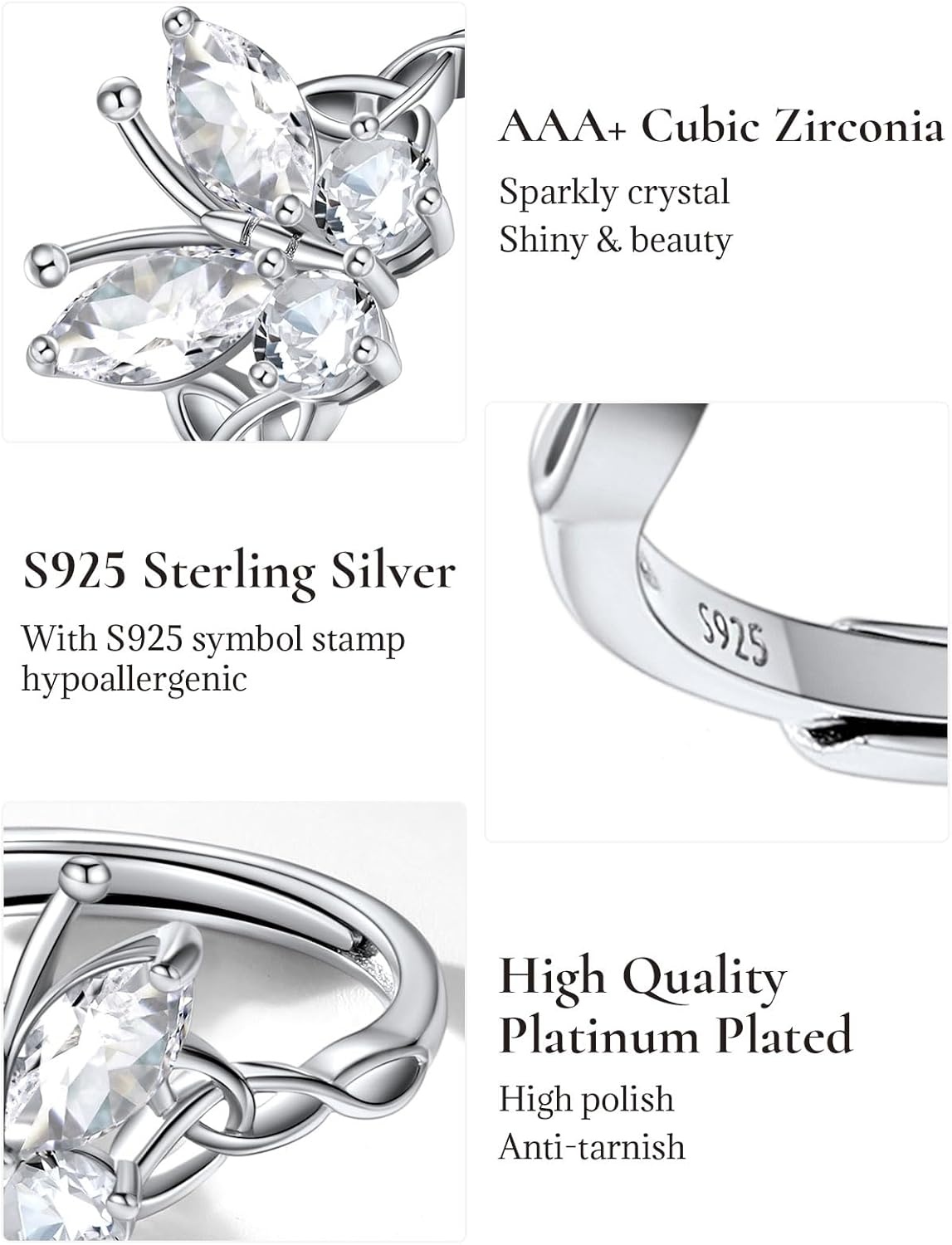 image:image925 Sterling Silver Butterfly RingAdjustable Silver Birthstone Rings for WomenDainty Butterfly Stackable Rings Gifts for Her04AprilDiamondButterfly