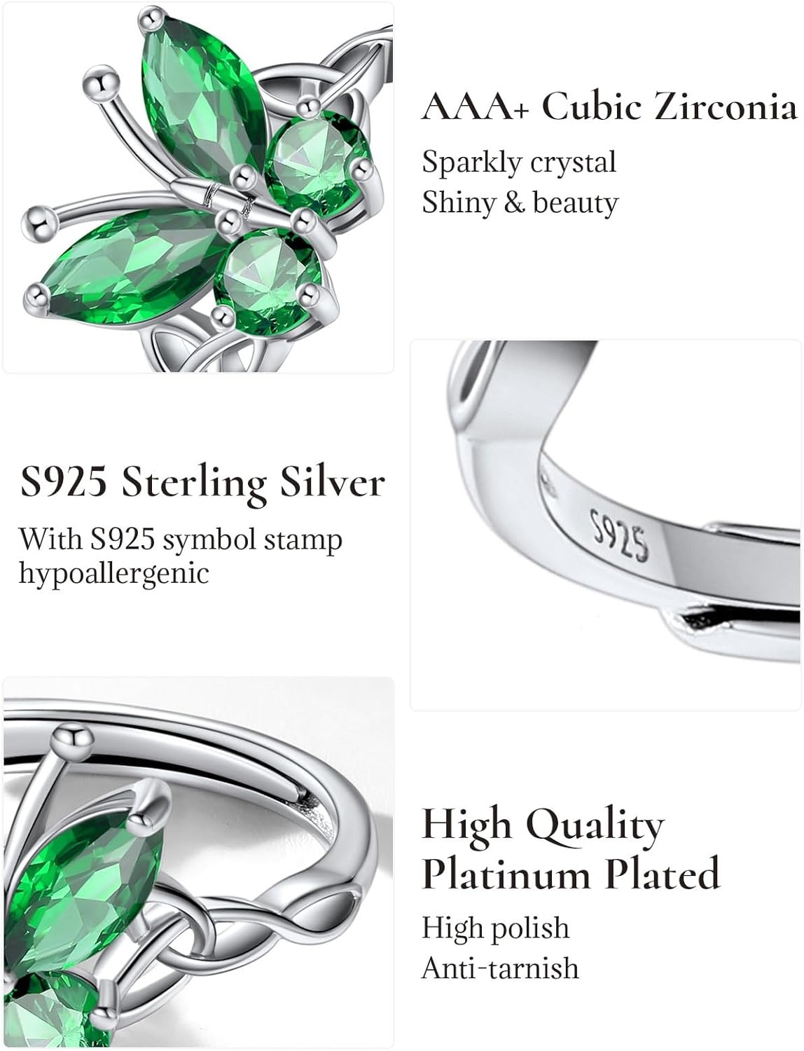 image:image925 Sterling Silver Butterfly RingAdjustable Silver Birthstone Rings for WomenDainty Butterfly Stackable Rings Gifts for Her05MayEmeraldButterfly