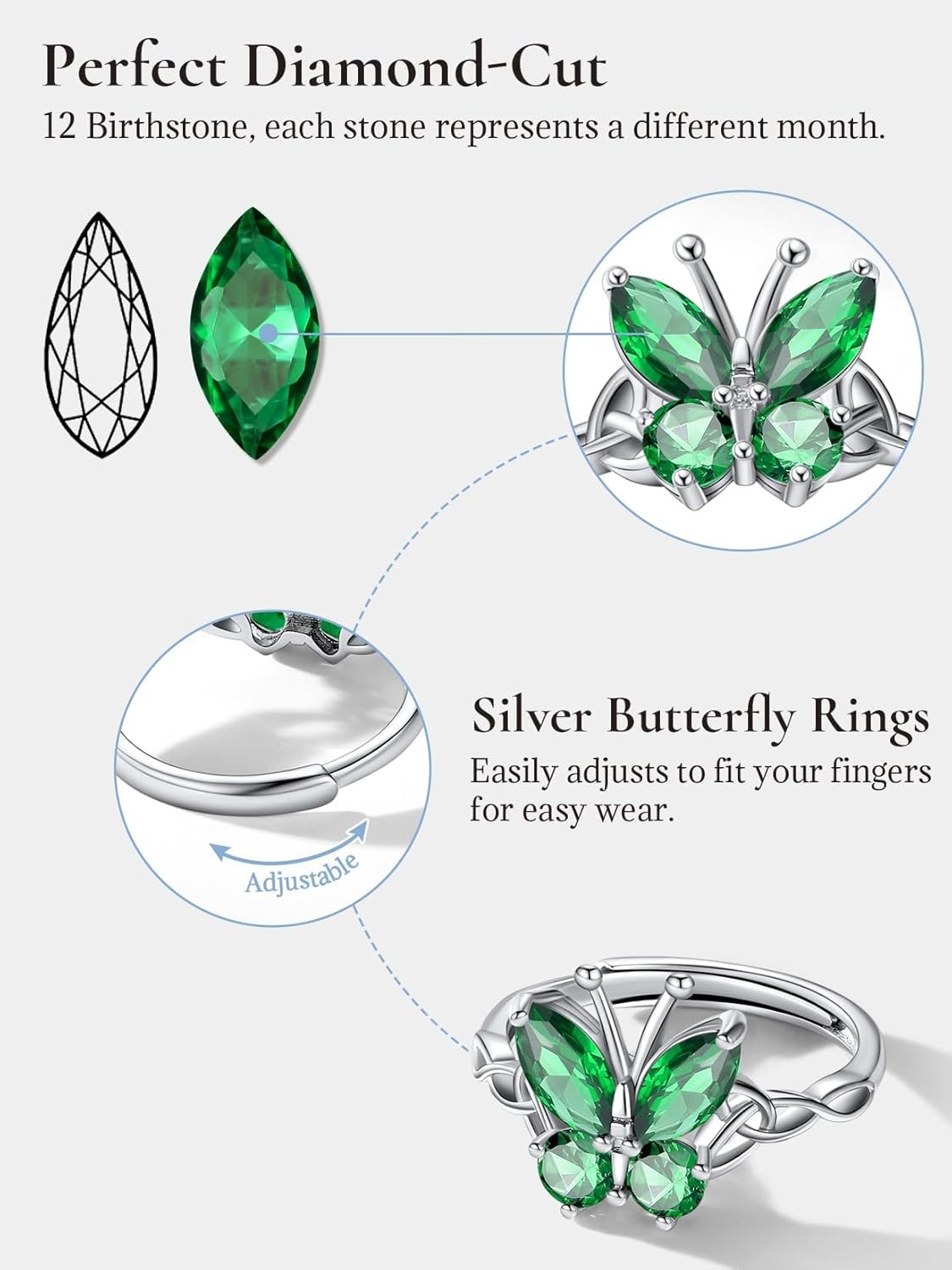 image:image925 Sterling Silver Butterfly RingAdjustable Silver Birthstone Rings for WomenDainty Butterfly Stackable Rings Gifts for Her05MayEmeraldButterfly