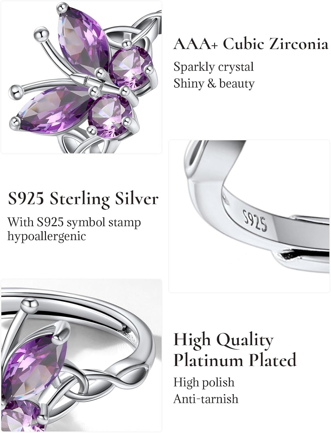 image:image925 Sterling Silver Butterfly RingAdjustable Silver Birthstone Rings for WomenDainty Butterfly Stackable Rings Gifts for Her06JuneAlexandriteButterfly