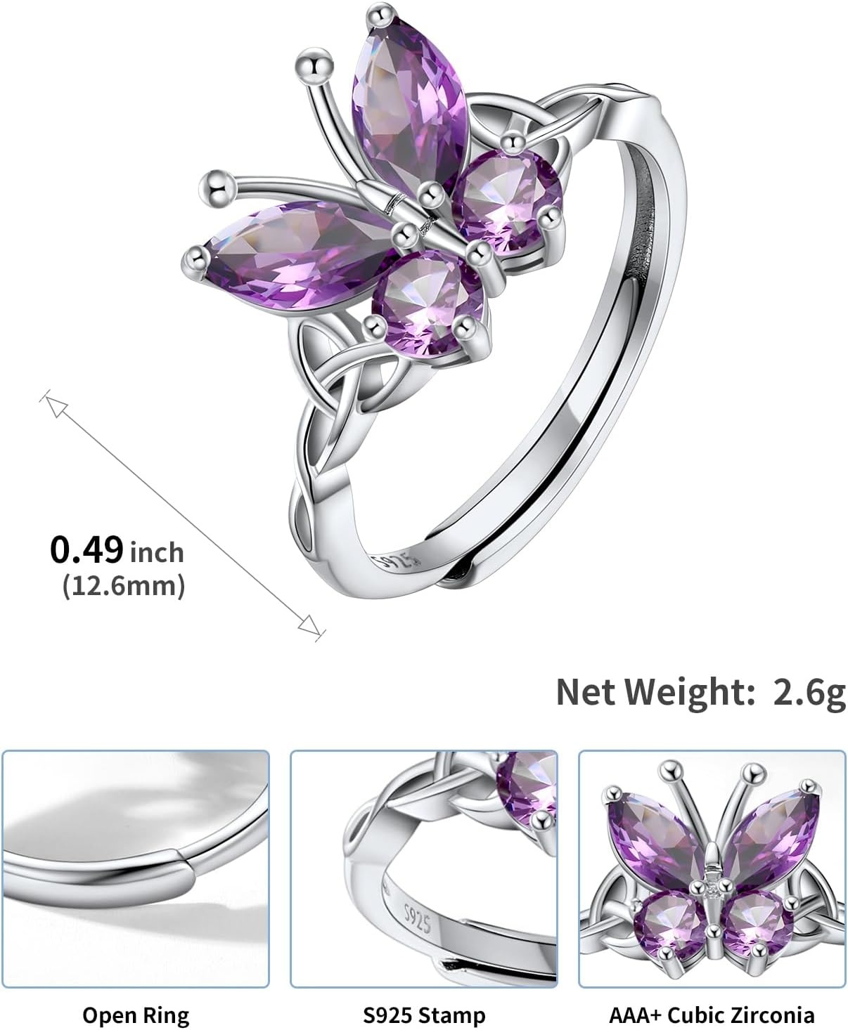 image:image925 Sterling Silver Butterfly RingAdjustable Silver Birthstone Rings for WomenDainty Butterfly Stackable Rings Gifts for Her06JuneAlexandriteButterfly