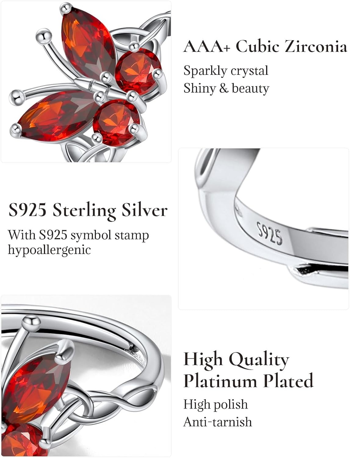 image:image925 Sterling Silver Butterfly RingAdjustable Silver Birthstone Rings for WomenDainty Butterfly Stackable Rings Gifts for Her07JulyRubyButterfly