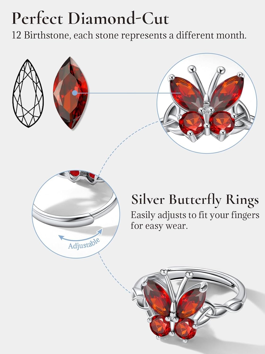 image:image925 Sterling Silver Butterfly RingAdjustable Silver Birthstone Rings for WomenDainty Butterfly Stackable Rings Gifts for Her07JulyRubyButterfly