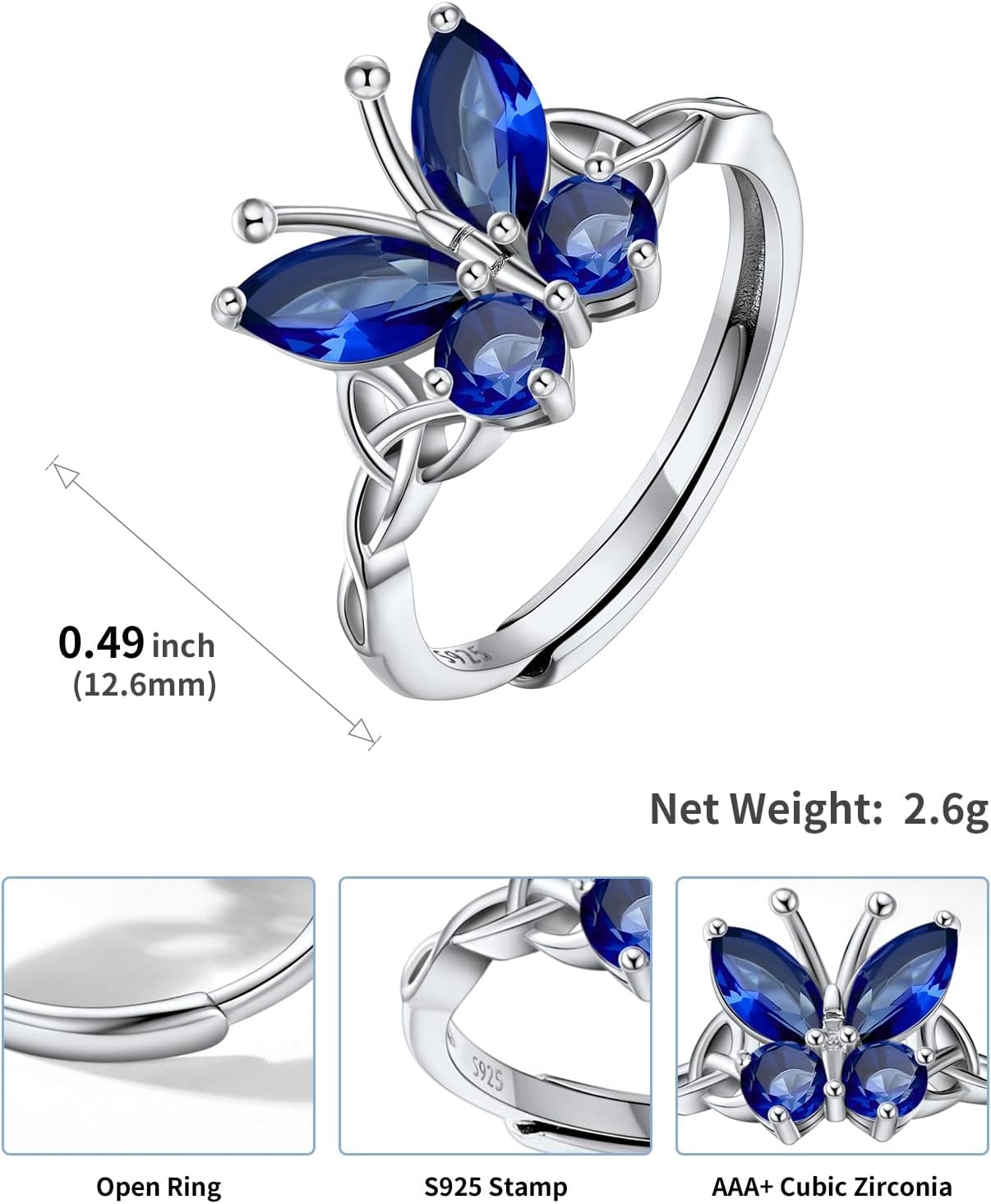 image:image925 Sterling Silver Butterfly RingAdjustable Silver Birthstone Rings for WomenDainty Butterfly Stackable Rings Gifts for Her09SeptemberSapphireButterfly