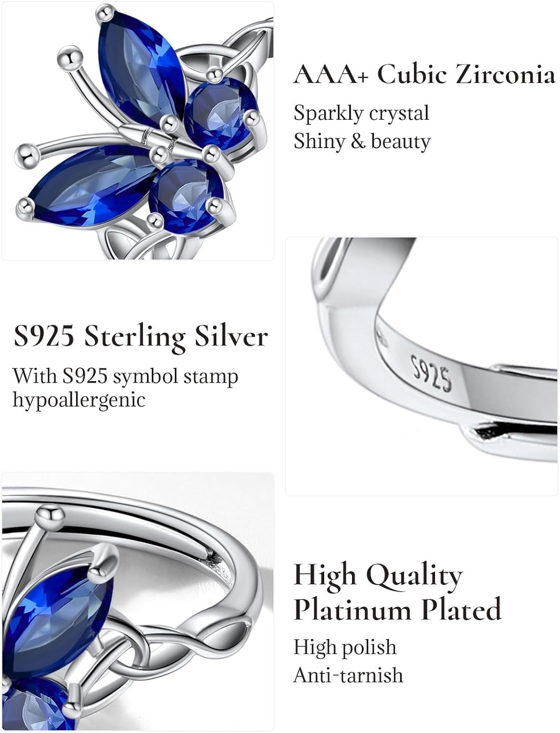 image:image925 Sterling Silver Butterfly RingAdjustable Silver Birthstone Rings for WomenDainty Butterfly Stackable Rings Gifts for Her09SeptemberSapphireButterfly