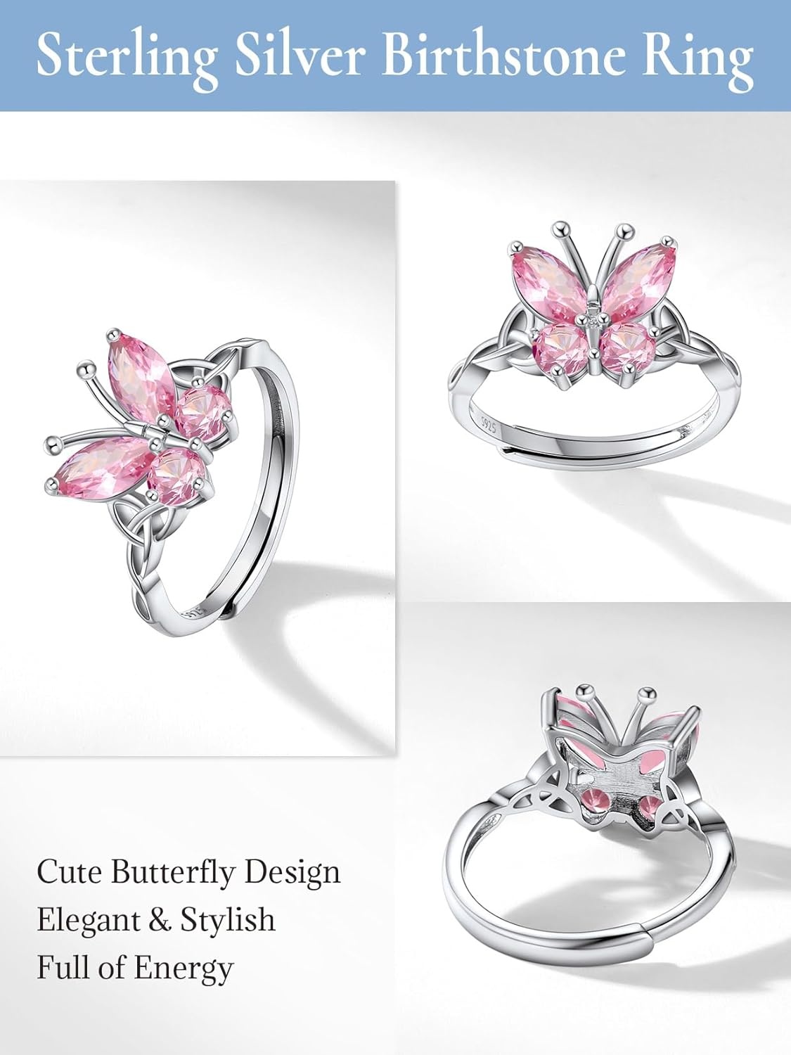 image:image925 Sterling Silver Butterfly RingAdjustable Silver Birthstone Rings for WomenDainty Butterfly Stackable Rings Gifts for Her10OctoberPink TourmalineButterfly