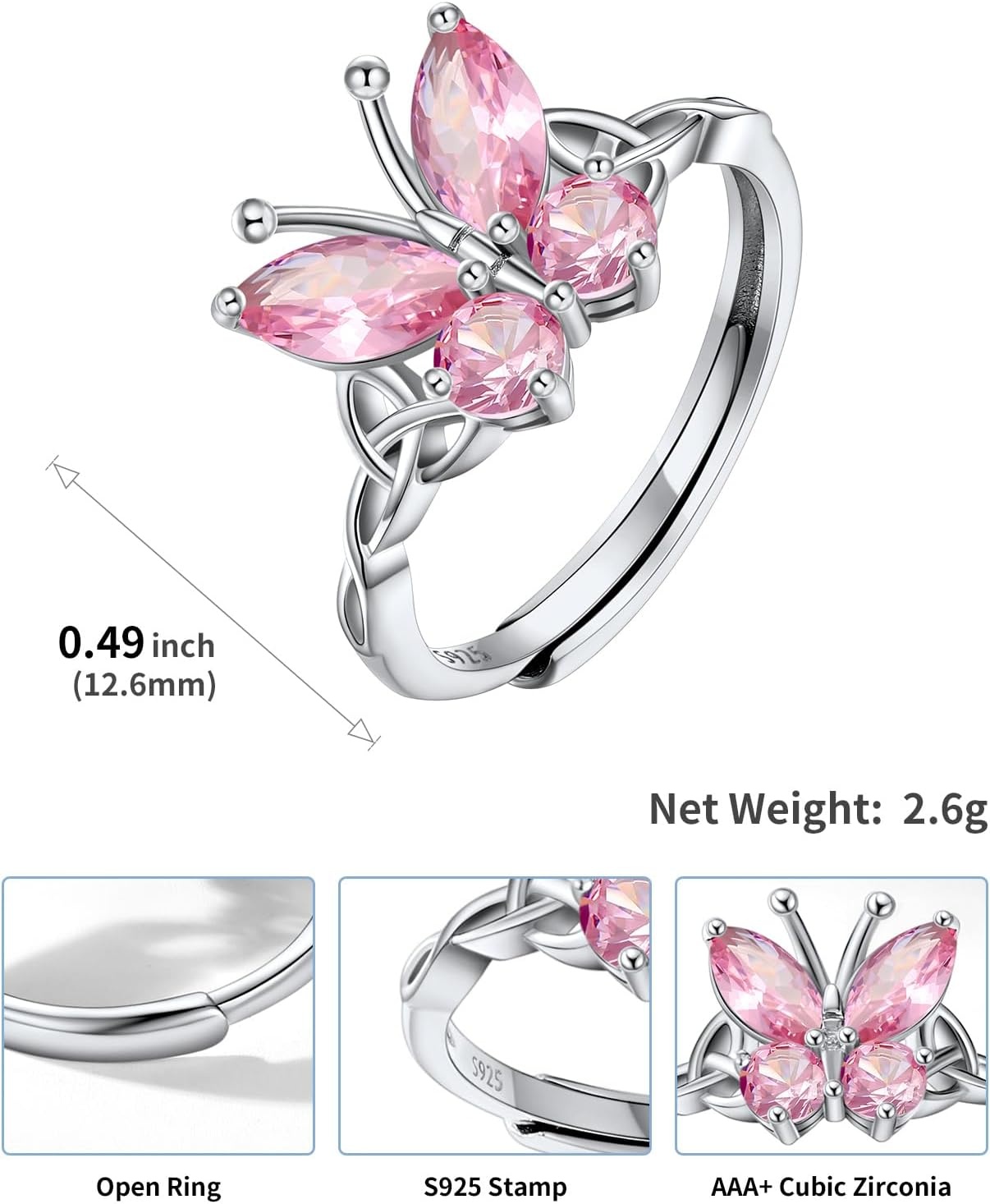 image:image925 Sterling Silver Butterfly RingAdjustable Silver Birthstone Rings for WomenDainty Butterfly Stackable Rings Gifts for Her10OctoberPink TourmalineButterfly