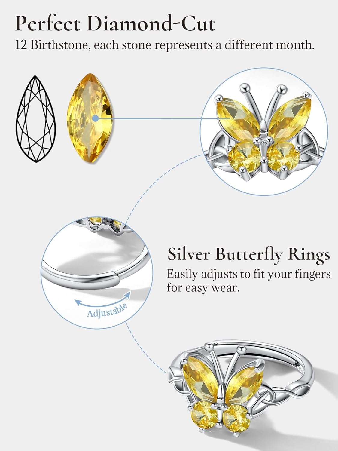 image:image925 Sterling Silver Butterfly RingAdjustable Silver Birthstone Rings for WomenDainty Butterfly Stackable Rings Gifts for Her11NovemberYellow TopazButterfly