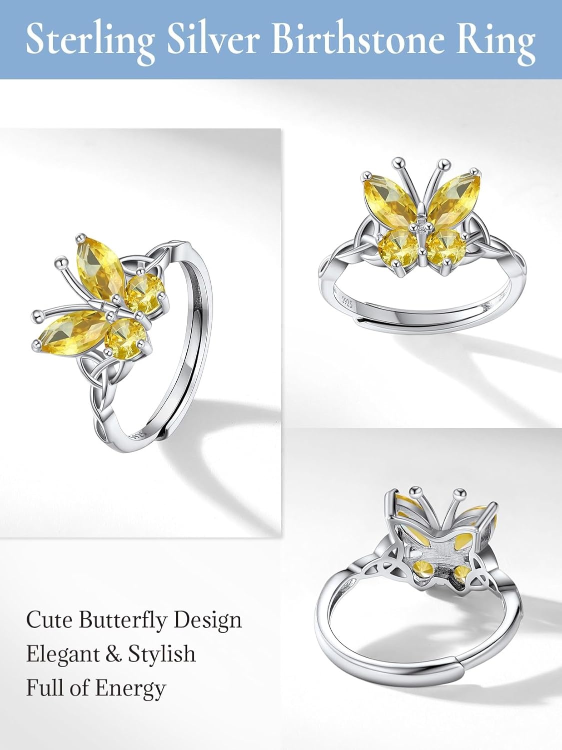 image:image925 Sterling Silver Butterfly RingAdjustable Silver Birthstone Rings for WomenDainty Butterfly Stackable Rings Gifts for Her11NovemberYellow TopazButterfly