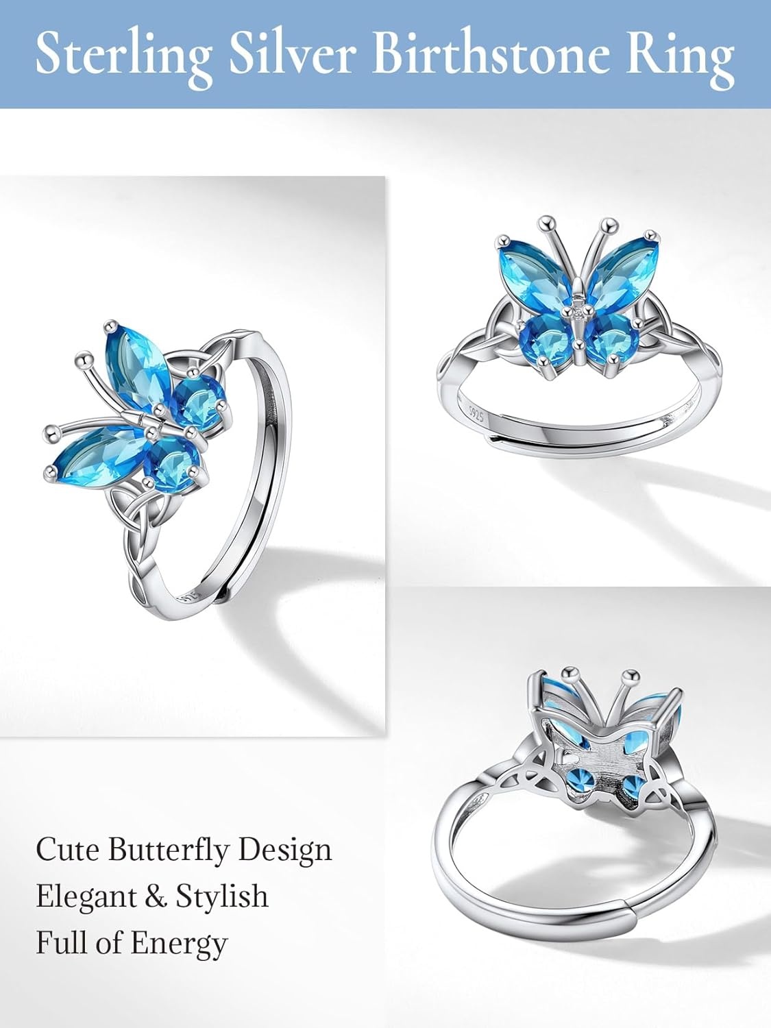 image:image925 Sterling Silver Butterfly RingAdjustable Silver Birthstone Rings for WomenDainty Butterfly Stackable Rings Gifts for Her12DecemberBlue TopazButterfly