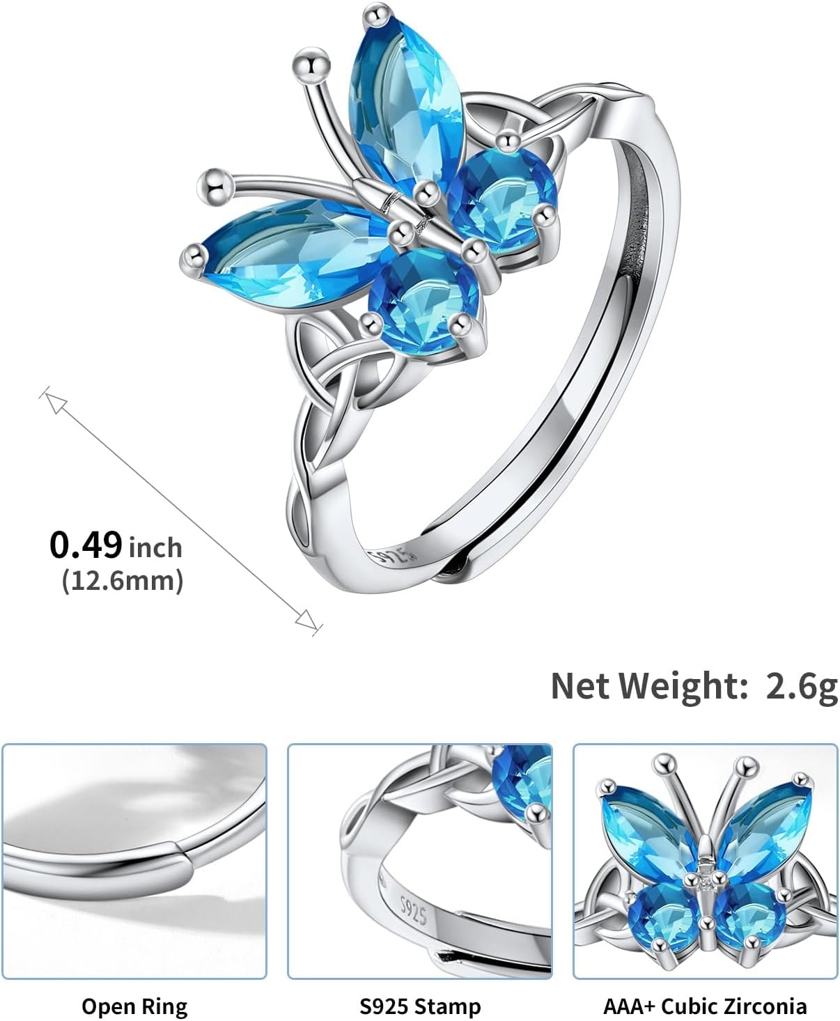 image:image925 Sterling Silver Butterfly RingAdjustable Silver Birthstone Rings for WomenDainty Butterfly Stackable Rings Gifts for Her12DecemberBlue TopazButterfly