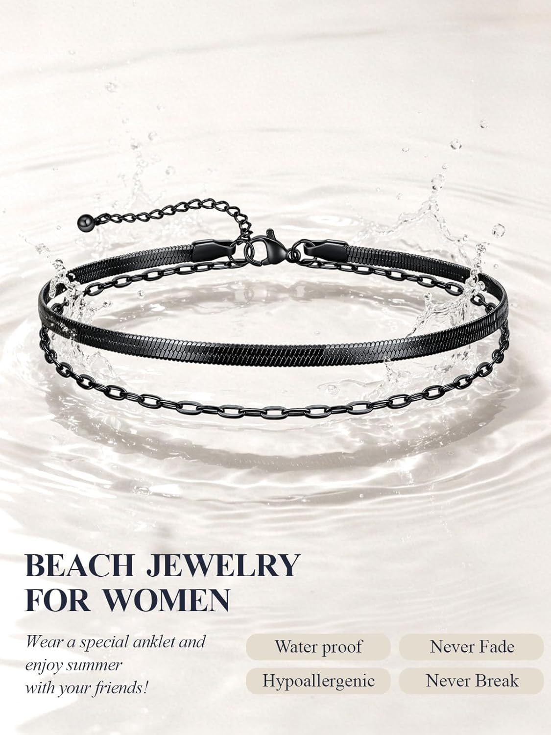 image:imageU7 SilverGold Ankle Bracelets for Women Layered Chain Anklets Stainless Steel Waterproof Summer Beach Anklet Cham Adjustable 85105Black Flat Snake ChainPaperclip Chain