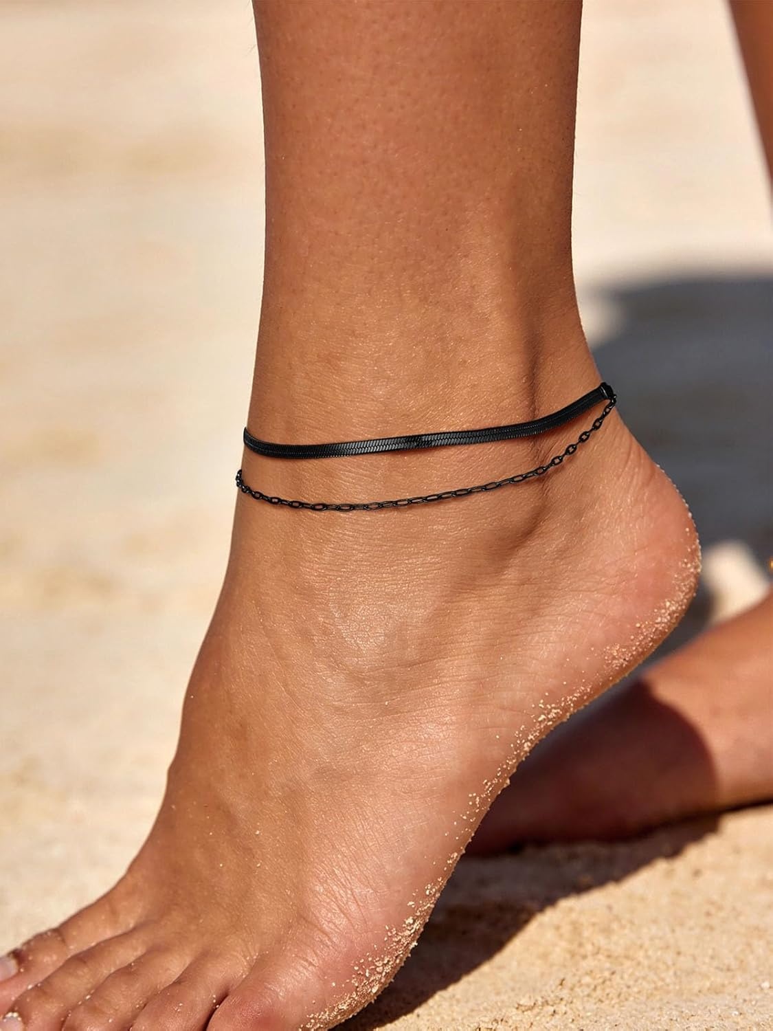 image:imageU7 SilverGold Ankle Bracelets for Women Layered Chain Anklets Stainless Steel Waterproof Summer Beach Anklet Cham Adjustable 85105Black Flat Snake ChainPaperclip Chain