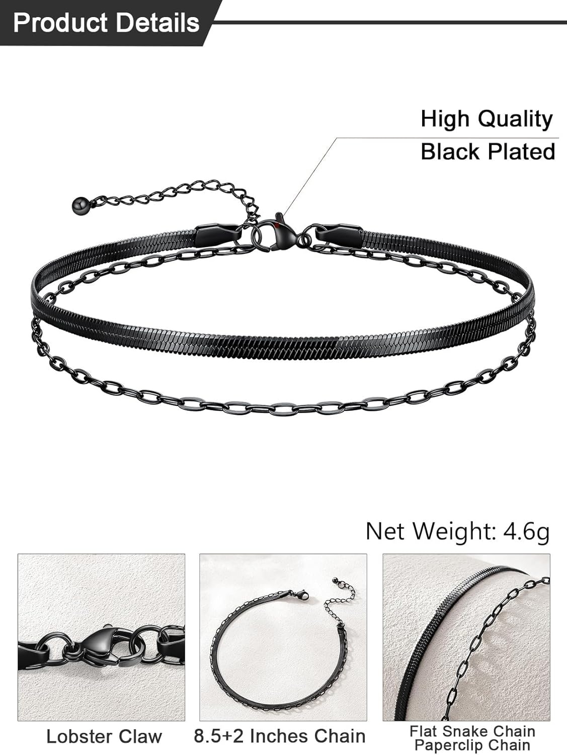 image:imageU7 SilverGold Ankle Bracelets for Women Layered Chain Anklets Stainless Steel Waterproof Summer Beach Anklet Cham Adjustable 85105Black Flat Snake ChainPaperclip Chain