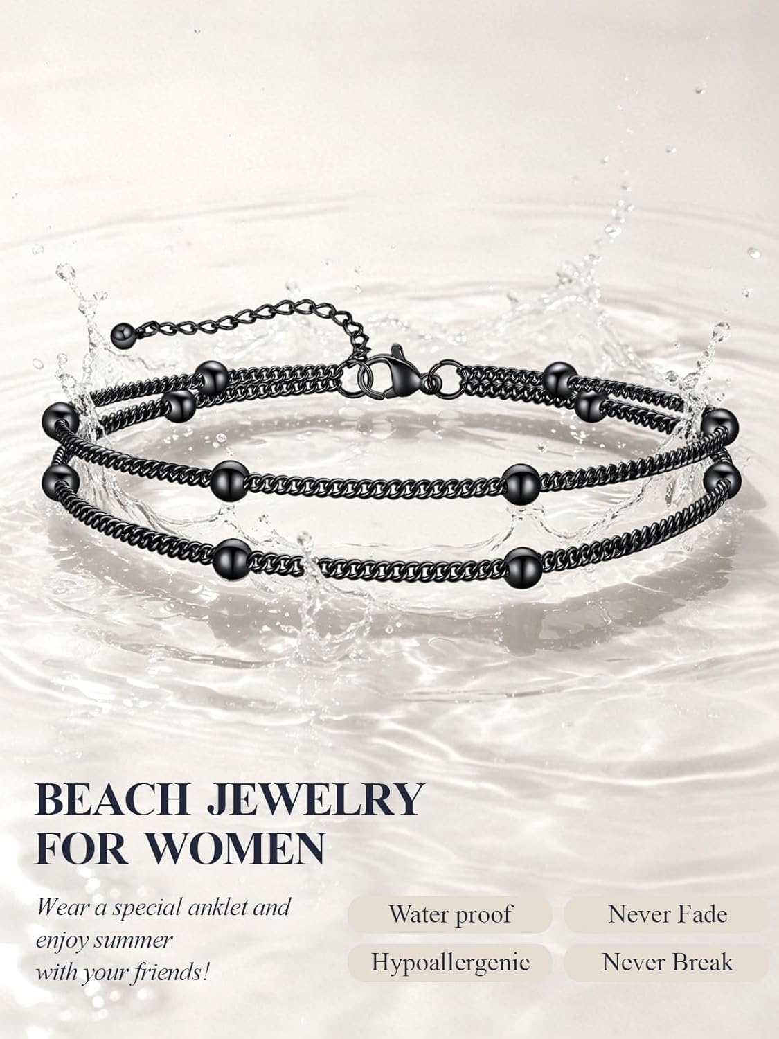 image:imageU7 SilverGold Ankle Bracelets for Women Layered Chain Anklets Stainless Steel Waterproof Summer Beach Anklet Cham Adjustable 85105Black Layered Ball Chain