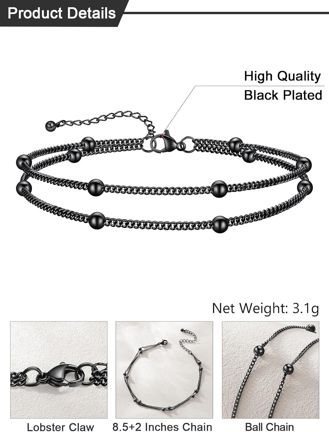 image:imageU7 SilverGold Ankle Bracelets for Women Layered Chain Anklets Stainless Steel Waterproof Summer Beach Anklet Cham Adjustable 85105Black Layered Ball Chain