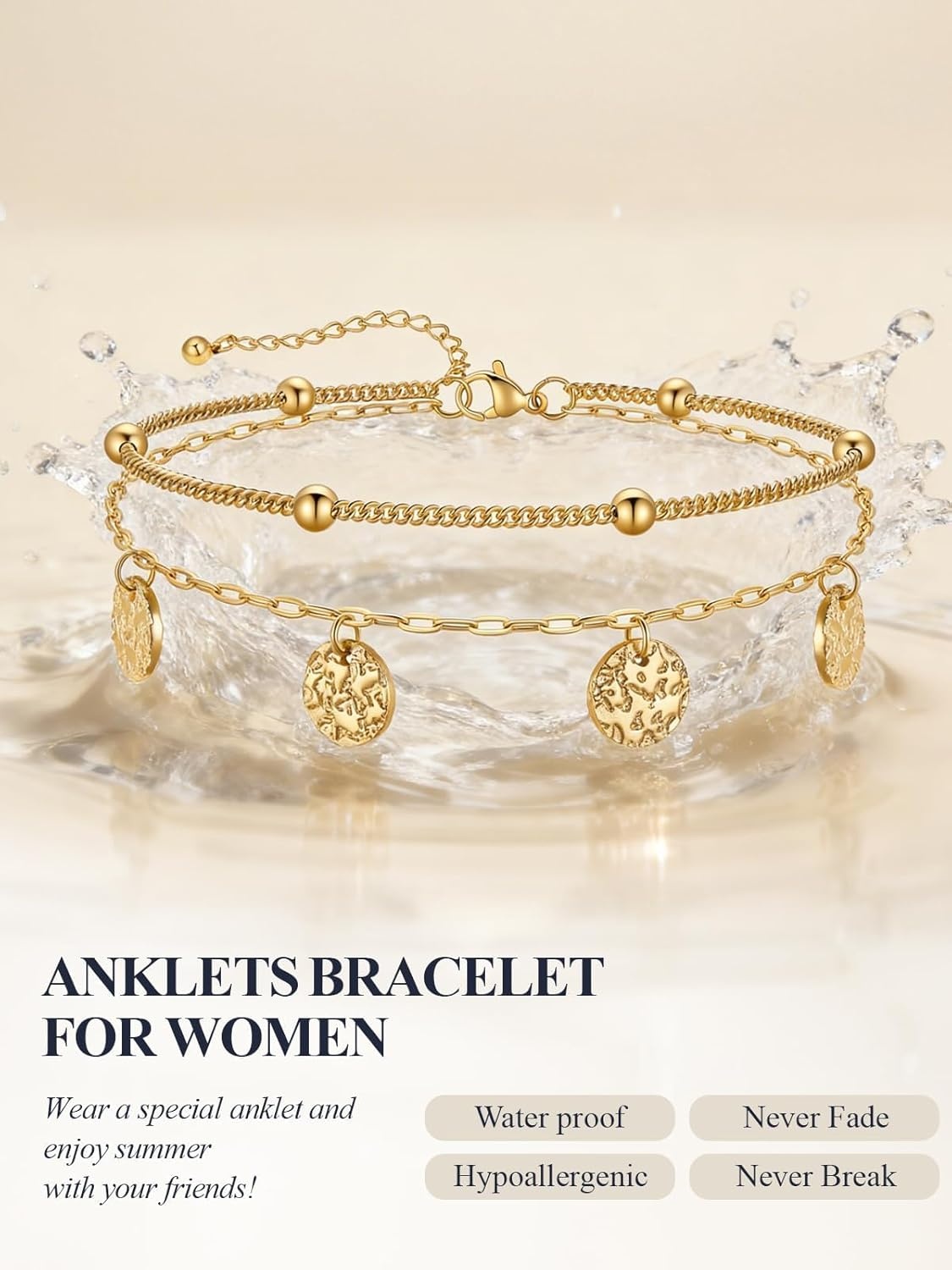 image:imageU7 SilverGold Ankle Bracelets for Women Layered Chain Anklets Stainless Steel Waterproof Summer Beach Anklet Cham Adjustable 85105Gold Ball ChainPaperclip Chain
