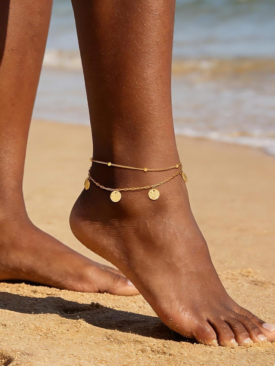 image:imageU7 SilverGold Ankle Bracelets for Women Layered Chain Anklets Stainless Steel Waterproof Summer Beach Anklet Cham Adjustable 85105Gold Ball ChainPaperclip Chain