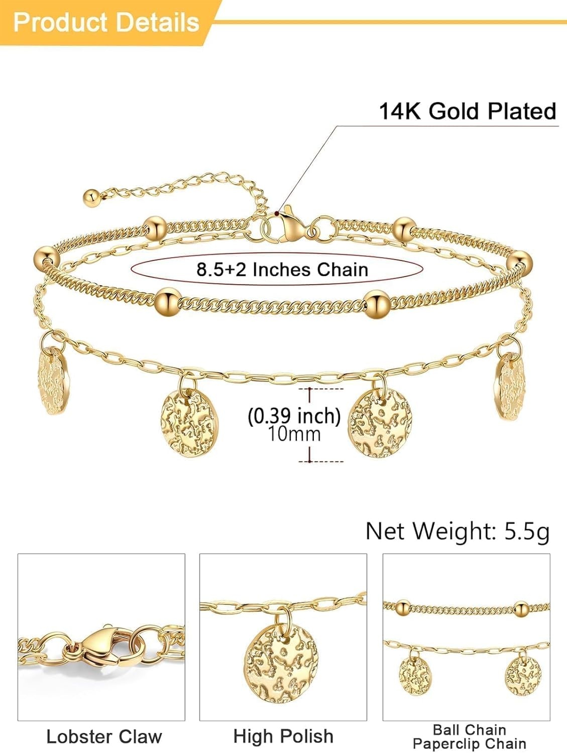 image:imageU7 SilverGold Ankle Bracelets for Women Layered Chain Anklets Stainless Steel Waterproof Summer Beach Anklet Cham Adjustable 85105Gold Ball ChainPaperclip Chain